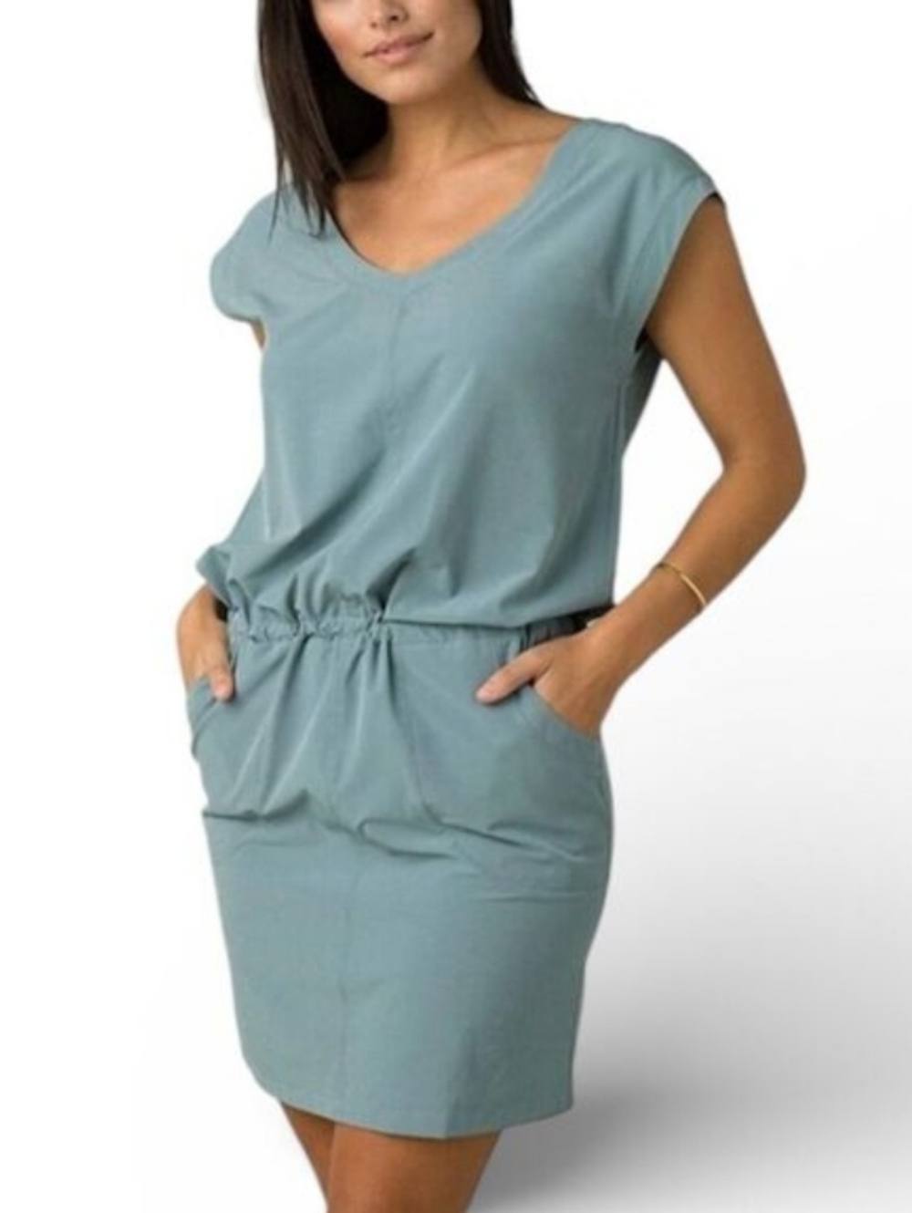 PrAna Norma Performance Active Smoky Blue V-Neck Elastic Waist Dress Size XL